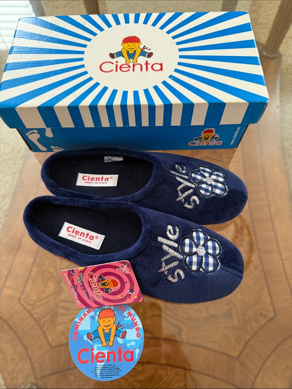 Cienta 💙 Navy Blue Kids Slip-On Slippers Shoes Style Plaid Heart 33